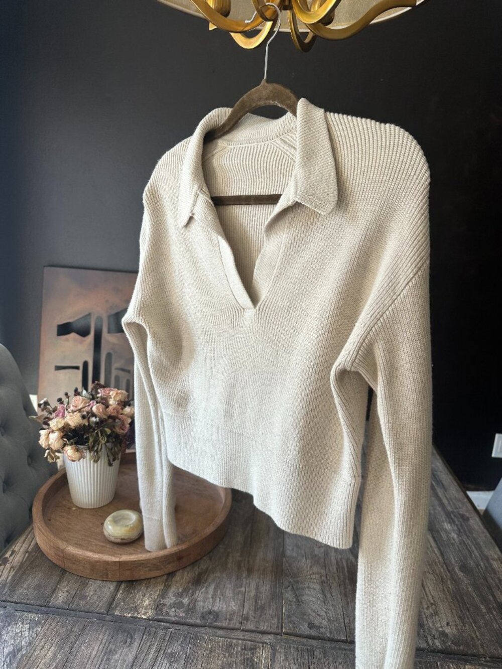 Lululemon XS Merino Wool Ribbed Collared Pullover Sweater Ivory